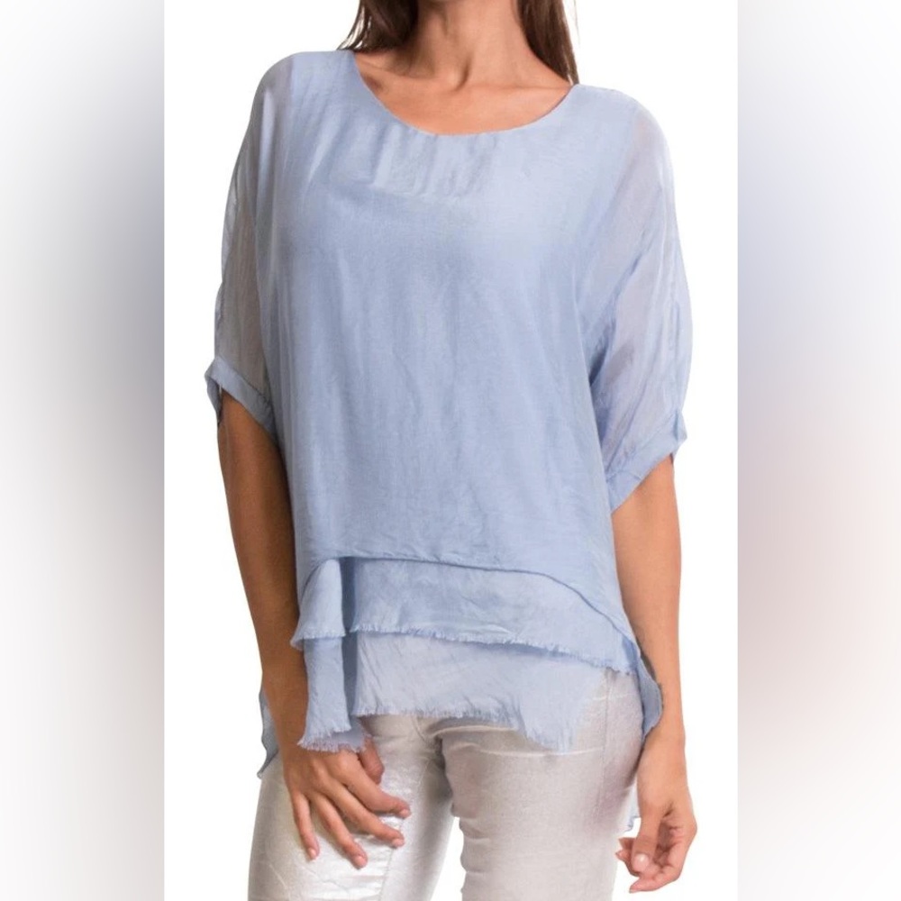 Silk Classic Kaftan Style Blouse with Frayed Edge Under Layer Hem